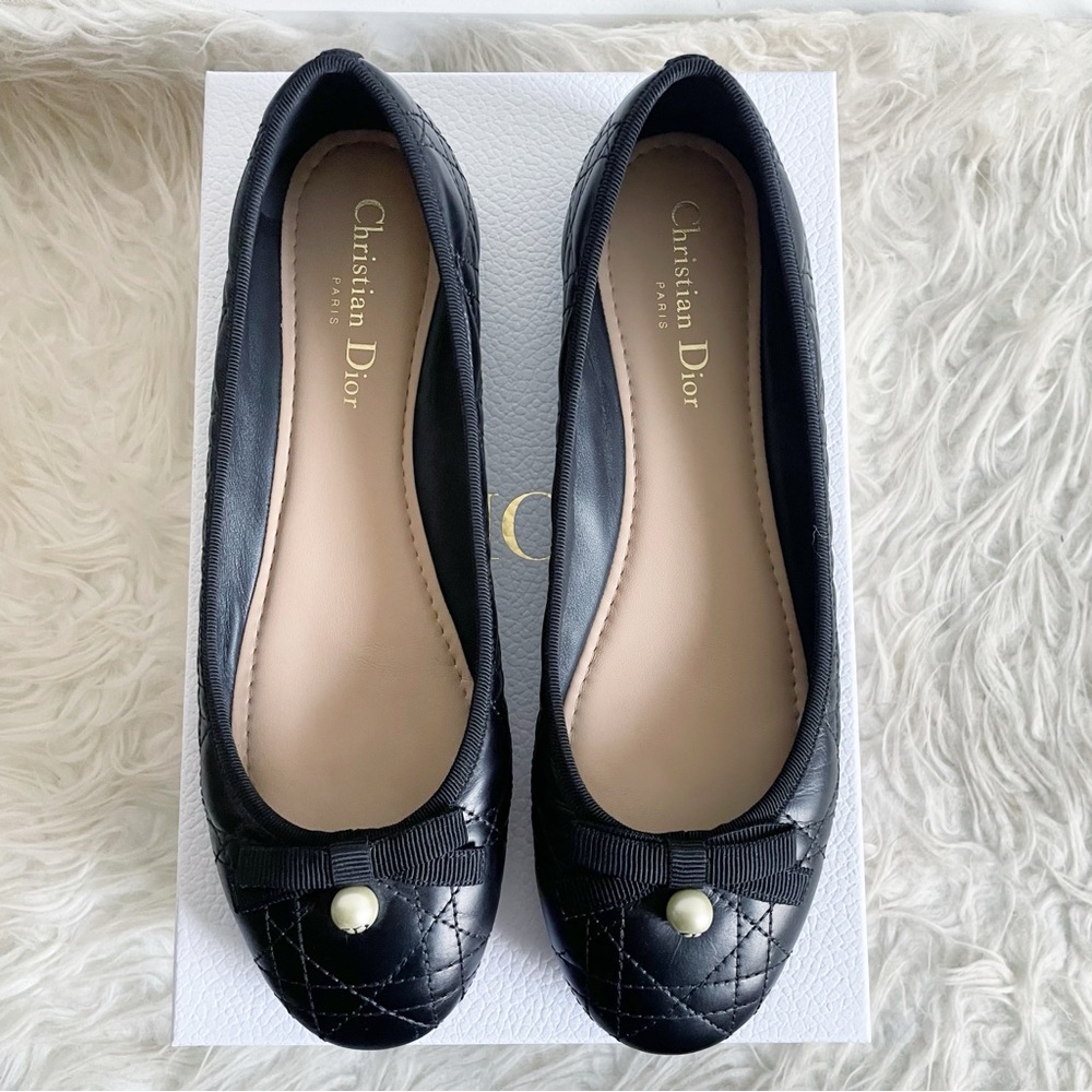 Christian Dior Ballet Flat Black Quilted Cannage Calfskin Pearl Bow size 40 - Picture 6 of 16